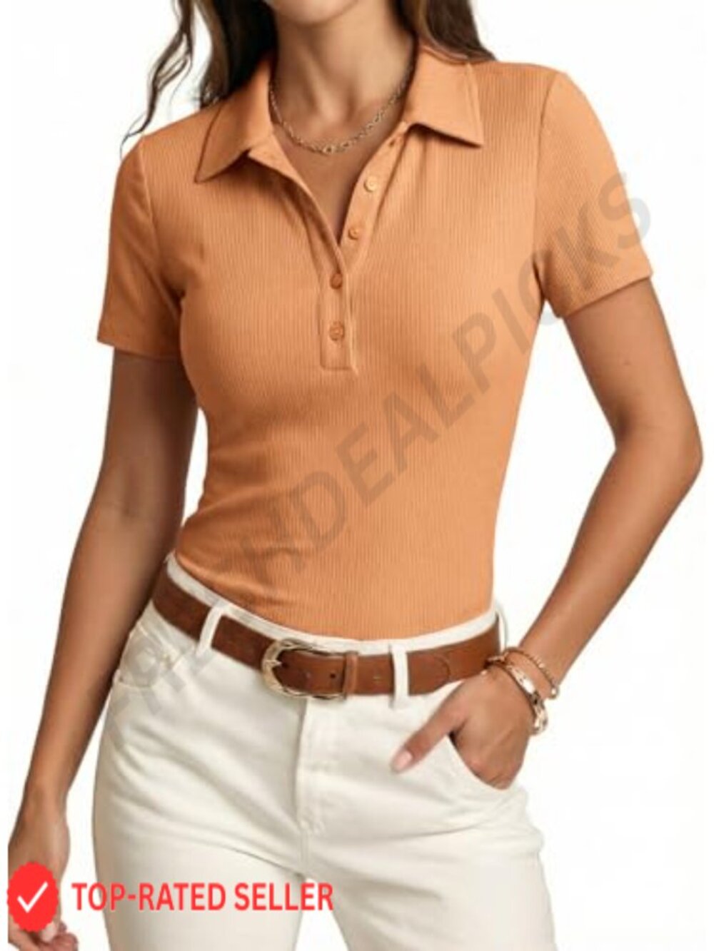 Dokotoo Viscose Blend Ribbed Knit Polo Top Short Sleeve V Neck Work Blouse